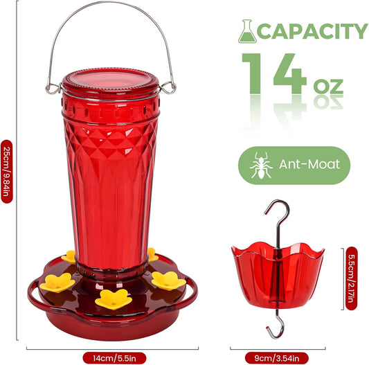 Hummingbird Feeder 2pack-14Ounces,5 Feeding Ports Glass Hummingbird feeders for Outdoors,Wide Mouth for Easy Filling/Cleaning,Hanging for Garden Backyard Decor, Includes Ant Moat (Red)
