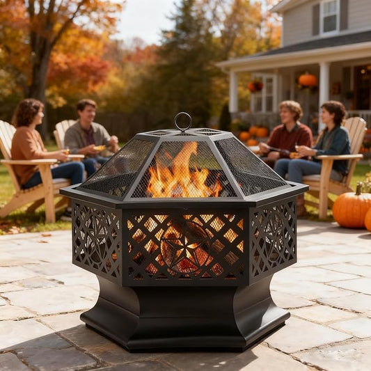 28 Inch Hexagonal Fire Pit,Wood Burning Firepits for Outside with Spark Screen&Poker,Metal Hex-Shaped Outdoor Fire Pit for Outside,Backyard,Bonfire,Patio,Garden,Picnic and Camping(Black)