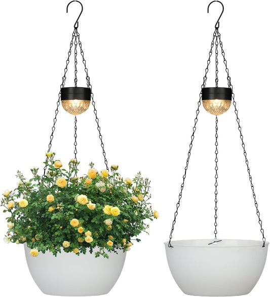 2 Packs Hanging Planters Basket for Outdoor Plants, Solar Powered Self Watering White Round Plastic Flower Pots with Drainer for Balcony Patio Garden Outdoor Decoration