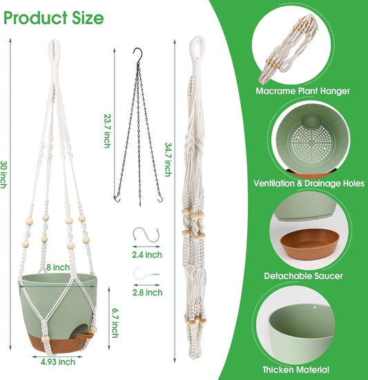 Hanging Planters for Indoor Outdoor Plants, 2 Pack Self Watering Hanging Pot with Drainage Holes, Removable Tray & 2 Kinds of Plant Hangers, 8'' Hanging Flower Pots for Home Garden Decor, Green
