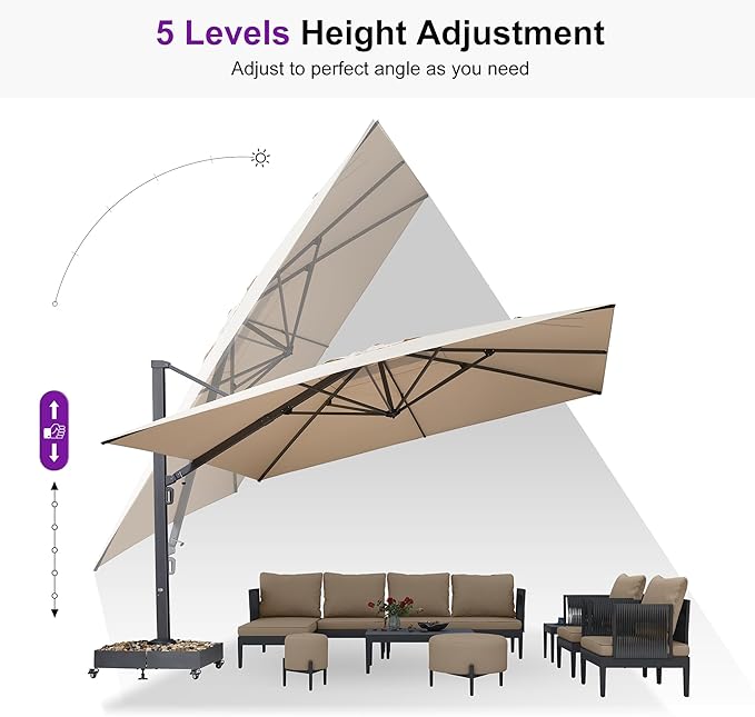 PURPLE LEAF 11' X 15' Rectangle Patio Umbrella Large Outdoor Aluminum Offset Umbrella with 360-degree Rotation Cantilever Umbrella for Garden Deck Backyard Pool Beige