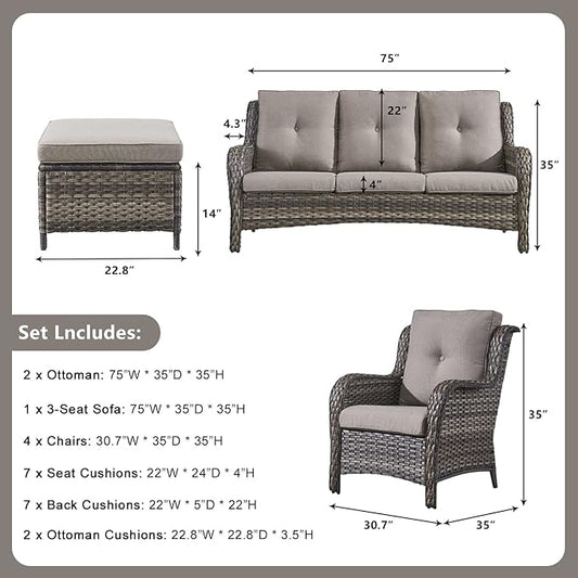 Rilyson Wicker Patio Furniture Set - 7 Piece Rattan Outdoor Sectional Conversation Sets with 1 Sofa,4 Armrest Chairs and 2 Ottomans for Porch Deck Garden(Mixed Grey/Grey)