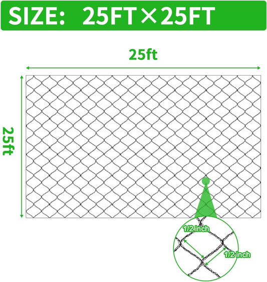 Woven Bird Netting 25X25 FT, 1/2" Mesh, Strong Bird Net Protect Fruit Trees, Blueberry, Vegetables, Strawberry Plants, Garden Netting Pest Barrier, Against Deer, Squirres, Small Critters