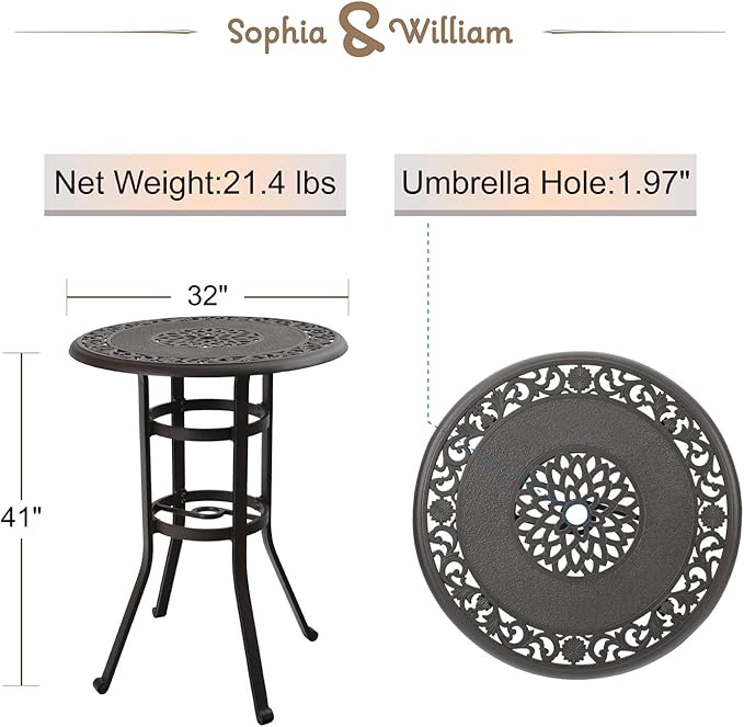 Sophia & William Cast Aluminium Patio Bar Height Table Round with 1.97" Umbrella Hole, Premium Bronze Outdoor Tall Pub Height Bistro Table for Porch Balcony Backyard, 32" Dia x 41" H
