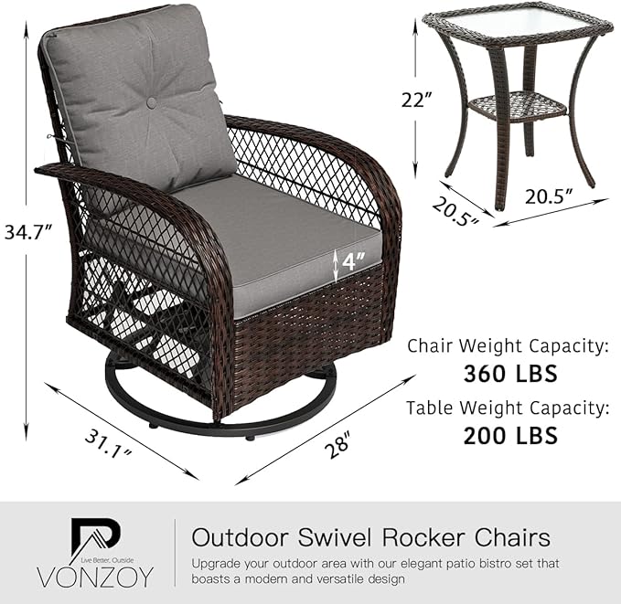 3 Pieces Patio Furniture Set, Outdoor Swivel Glider Rocker, Wicker Patio Bistro Set with Rocking Chair, Thickened Cushions and Table for Porch (Grey)