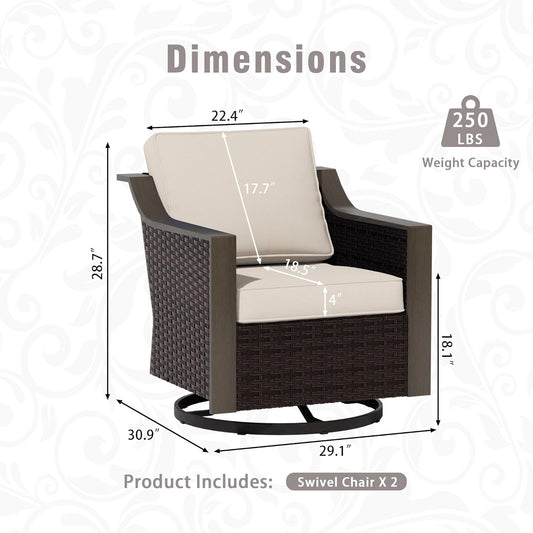 Outdoor Wicker Swivel Chair Set of 2, All-Weather Use Patio Rattan Chair with Removable Water-Resistant Cushion, Ideal for Porch, Backyard, Balcony, Poolside, Beige
