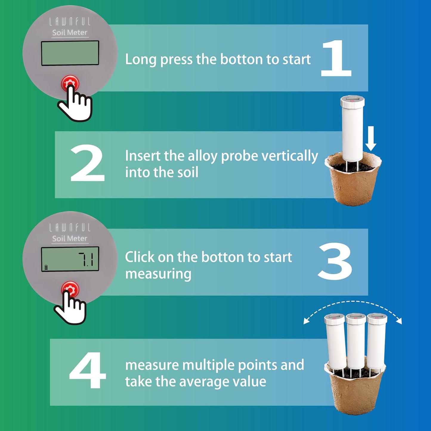 Digital Soil pH Meter, Industrial Grade Soil pH Tester with Calibration-Free LCD Display, High Accuracy Soil pH Pen, Soil pH Monitor for Garden, Lawn, Plant (White)