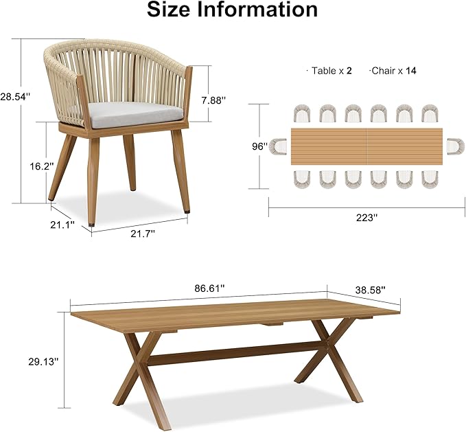PURPLE LEAF 16 Pieces Outdoor Dining Set with Patio Aluminium Dining Table and Wicker Chairs Modern Furniture Cushions Sets for Backyard Indoor Decor Kitchen Teak