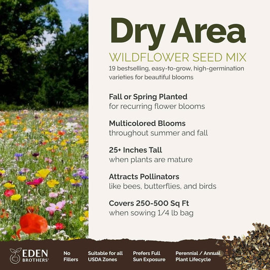 Eden Brothers Dry Area Wildflower Mixed Seeds for Planting, 1/4 lb, 120,000+ Seeds with Cosmos, African Daisy, Blue Flax | Attracts Pollinators, Plant in Spring or Fall, Zones 3, 4, 5, 6, 7, 8, 9, 10