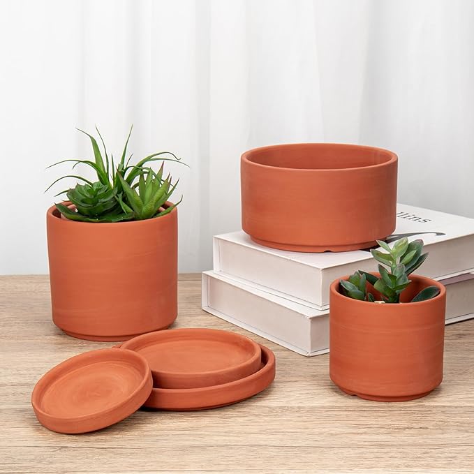 Briful 3 PCS Shallow Terracotta Pots Plant Pots Clay Pottery Planter in Different Sizes with Drainage Hole and Saucer Cactus Succulent Flower Nursery Pots- Great for Plants,Crafts