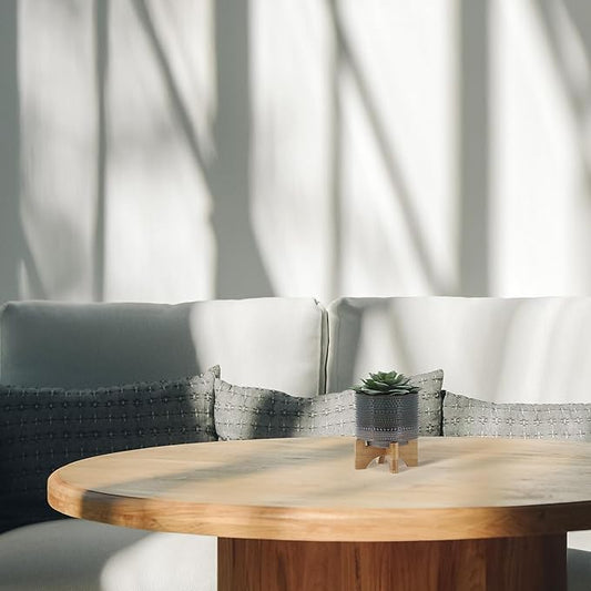 Sagebrook Home Ceramic Planter with Bamboo Wood Stand - Decorative Stoneware Pot for Indoor & Outdoor Plants - Modern Home & Garden Decor - 8" Green