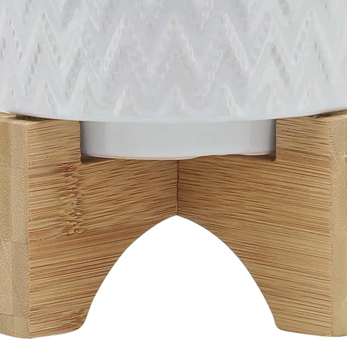 Sagebrook Home Modern Ceramic Planter with Stand - Textured Stoneware Pot with Bamboo Base for Indoor & Outdoor Plants - Decorative Flower Pot for Home & Garden - 8" White