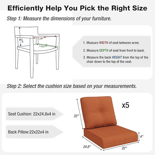 Joyside Outdoor Chair Cushions Set, 22x25/22x24 Inch Patio Furniture Deep Seat Cushions, Water Resistant & Thick Cushion, Outdoor Replacement Cushions for Seat and Sofa (Orange, 5 Set)