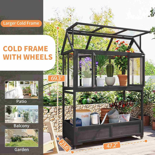Wooden Cold Frame Greenhouse with Wheels, Portable Fir Garden Plant House with Storage Box, Openable Roof for Seedlings, Herbs, Winter Crops, Perfect for Patio, Balcony, Garden