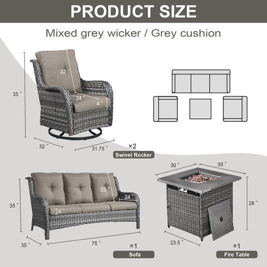 Outdoor Patio Furniture Set with 50000BTU Propane Fire Pit Table, 4 Pieces Wicker Patio Conversation Set with 2 Swivel Rocker Glider Chairs Rattan Sofa Grey Cushion Perfect for Gathering