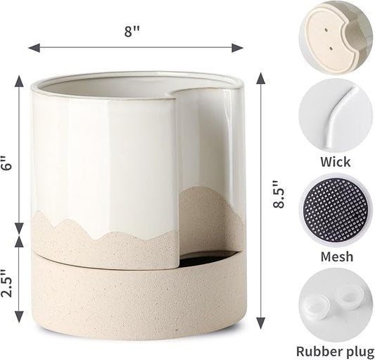 Nihow Self Watering Plant Pot: 8 Inch Ceramic Planter with Drainage Hole & Water Storage Plus for Indoor & Outdoor Plants - Cylinder Round Flower Pot for Succulent/Herbs/Violets - White & Wave Nature