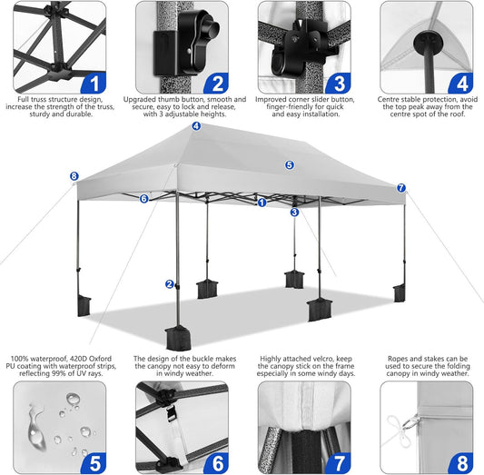 COBIZI 10x20 Pop up Canopy Tent Heavy Duty Without Sidewalls, Easy Set-up Commercial Outdoor Party Tent, 100% Waterproof Wedding Gazebo, 3 Height Adjustable with Wheeled Bag, White