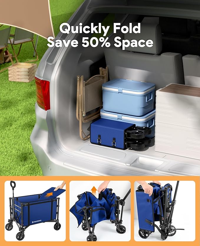 Collapsible Wagon Cart with Wheels 220lbs Foldable Wagon 120L Shopping Cart for Groceries Folding Utility Wagon for Beach, Garden, Camping, Sport, Wheelbarrows, Indigo