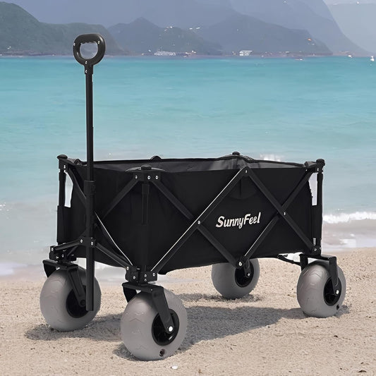 SUNNYFEEL 41''L 550lbs Heavy Duty Beach Wagon with 9" Balloon Tires, 200L Fold Up Wagon Cart Foldable with Side Pocket and Brakes for Camping Sports Garden Shopping (Black)