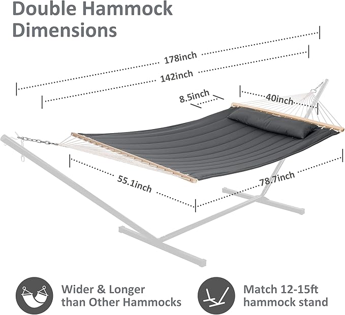 SUNCREAT Hammocks Double Hammock with Wooden Stand Included, Outdoor Hammocks for Outside, 475 lbs Capacity, Dark Gray