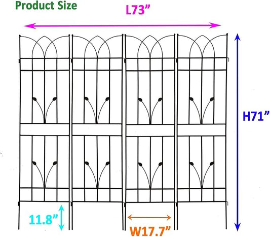 4 Pack Metal Garden Trellis 71" Black Fence Rustproof Garden Trellis for Climbing Plants Support Roses Flower Outdoor Lawn, Black
