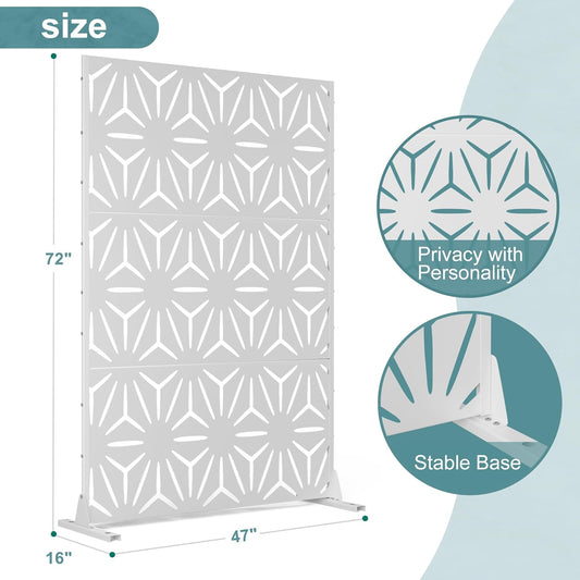 Metal Privacy Screen Outdoor Freestanding Privacy Wall Panels and Decorative Patio Dividers, Crafted from Steel with Sun-Proof Design, Ideal for Patio, Deck, Garden,72" H×47" L,(White&Star)