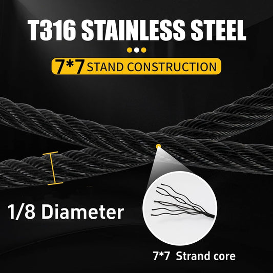 250FT 1/8" Stainless Steel Cable Black 7x7 Strands Aircraft Cable T316 Wire Rope with Cable Cutter 1800lbs Breaking Strength Wire Cable for Deck Cable Railing, Stair, Fence, DIY Balustrades
