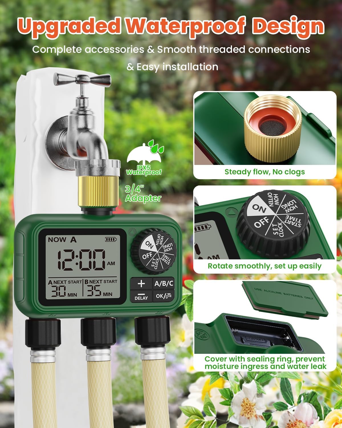 3 Outlet Sprinkler Timer Brass, XinFuture Programmable Water Sprinkler Controller for Yard, Lawn & Greenhouse, Automatic/Manual/Rain Delay Mode, Compatible with Drip Irrigation Systems