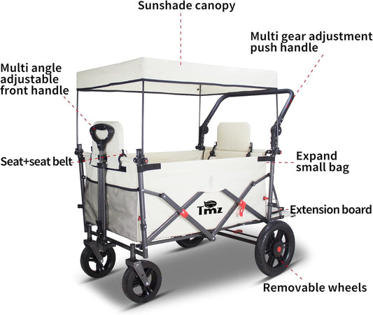 TMZ Collapsible Foldable Wagon Cart with Quick-Release Wheels and 2 Seats, Heavy Duty Wagon 265LBS Load Capacity for Camping Garden Shopping (Beige)
