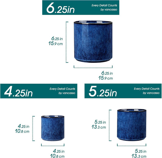 vancasso Ceramic Plant Pots, 4.25+5.25+6.25 Inch Planter Pot with Drainage Hole, Flower Pots for Indoor Outdoor Plants, Set of 3, Blue