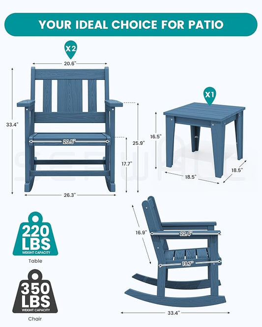 SERWALL Outdoor Rocking Bistro Set, HDPE Patio Furniture Set, Porch Rocking Chair Set with Table for Backyard, Balcony, and Garden- Blue