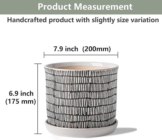 8 Inch Plant Pot: Ceramic Planter with Drainage Hole & Saucer - Cylinder Flowerpot for Indoor & Outdoor Plants - with Separate Tray for Home & Office - Striped Design