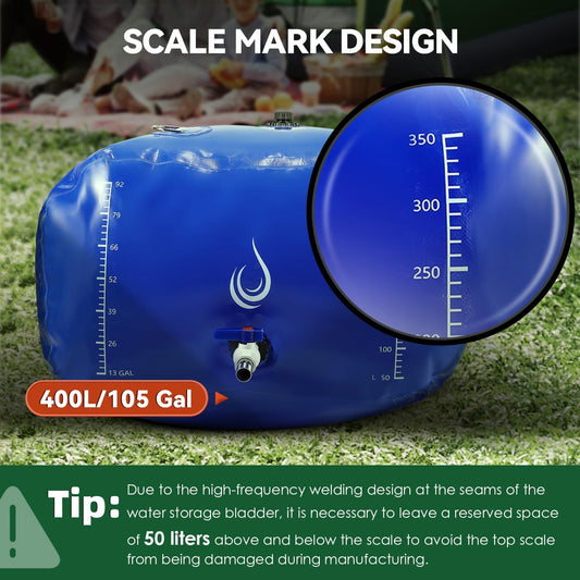 LANUEVA 105 Gal/400L Portable Water Storage Bladder, 1000D PVC Foldable Water Tank with Spigots and Overflow Kit, Water Storage Containers for Emergency Water, RV, Irrigation&Camping (Blue, 400L)