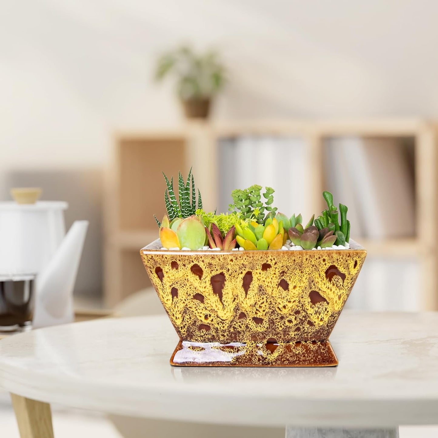 ARTKETTY Succulent Pots - 7 Inch Large Plant Pot with Drainage, Shallow Bonsai Pots Ceramic Succulent Planters for Indoor Outdoor Plants, Modern Cactus Pot Decorative Home Office