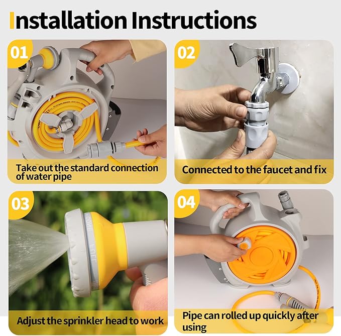 Garden Retractable Hose Reel, Portable Simple Home Hose Reel 45+5 FT with 7 Patterns Spray Nozzle, Wall Mounted and Any Length Lock for Garden Watering, Car Washing, Pet (Orange)