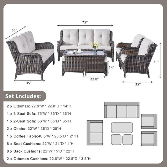 Outdoor Patio Furniture Sofa Set - 7 Piece Rattan Wicker Patio Sectional Conversation Sets with 1 Sofa,1 Loveseat,1 Coffee Table,2 Armrest Chairs and 2 Ottomans for Porch Deck Garden(Brown/Beige)