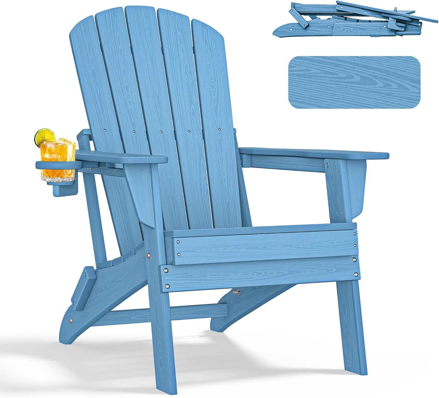 Folding Adirondack Chair with Cup Holder,All-Weather Adirondack Chair,Patio Chair,HDPE-Wooden Textured Lawn Chair- Light Blue