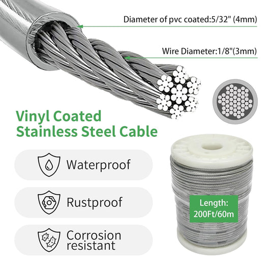 5/32" Wire Cable Rope Kit ,Vinyl Coated 304 Stainless Steel Wire – 200FT 7x7 Strand Cable with Turnbuckles,Shade Sail & Hanging Lights Hardware Kit for Outdoor, Garden,Patio, Crafts,