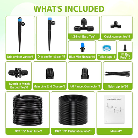 230FT New Quick-Connect Drip Irrigation System Kit, Automatic Garden Watering Misting System for Greenhouse, Yard, Lawn, Plant with 1/2 inch Hose 1/4 inch Distribution Tubing and Accessories