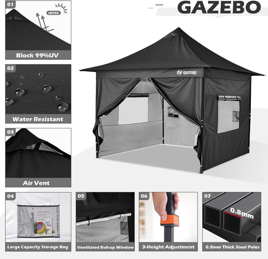 OUTFINE 12×12 Pop Up Canopy-Heavy Duty Canopy Tent with Sturdy Metal Frame(10×10 Base) Reinforced with Steel Cables, Roller Bag, Sidewall×4 for Exhibition, Party&Backyard (Black, 12 * 12FT Pro)