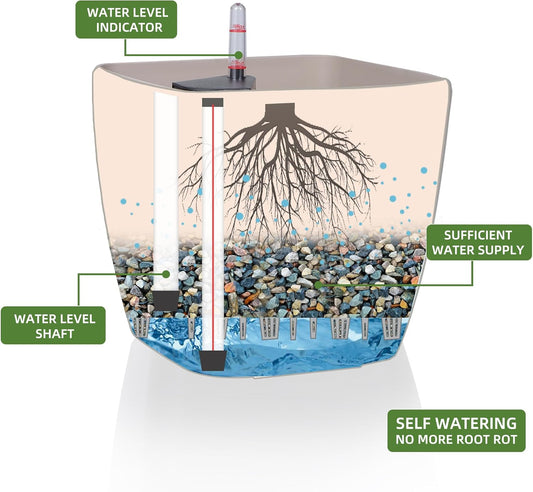 Dexceder 9x8 Self Watering Planter Indoor Outdoor, Inner Mat Design, Thickened Table Flower Plant Pot with Water Level Indicator (Taupe Matte)