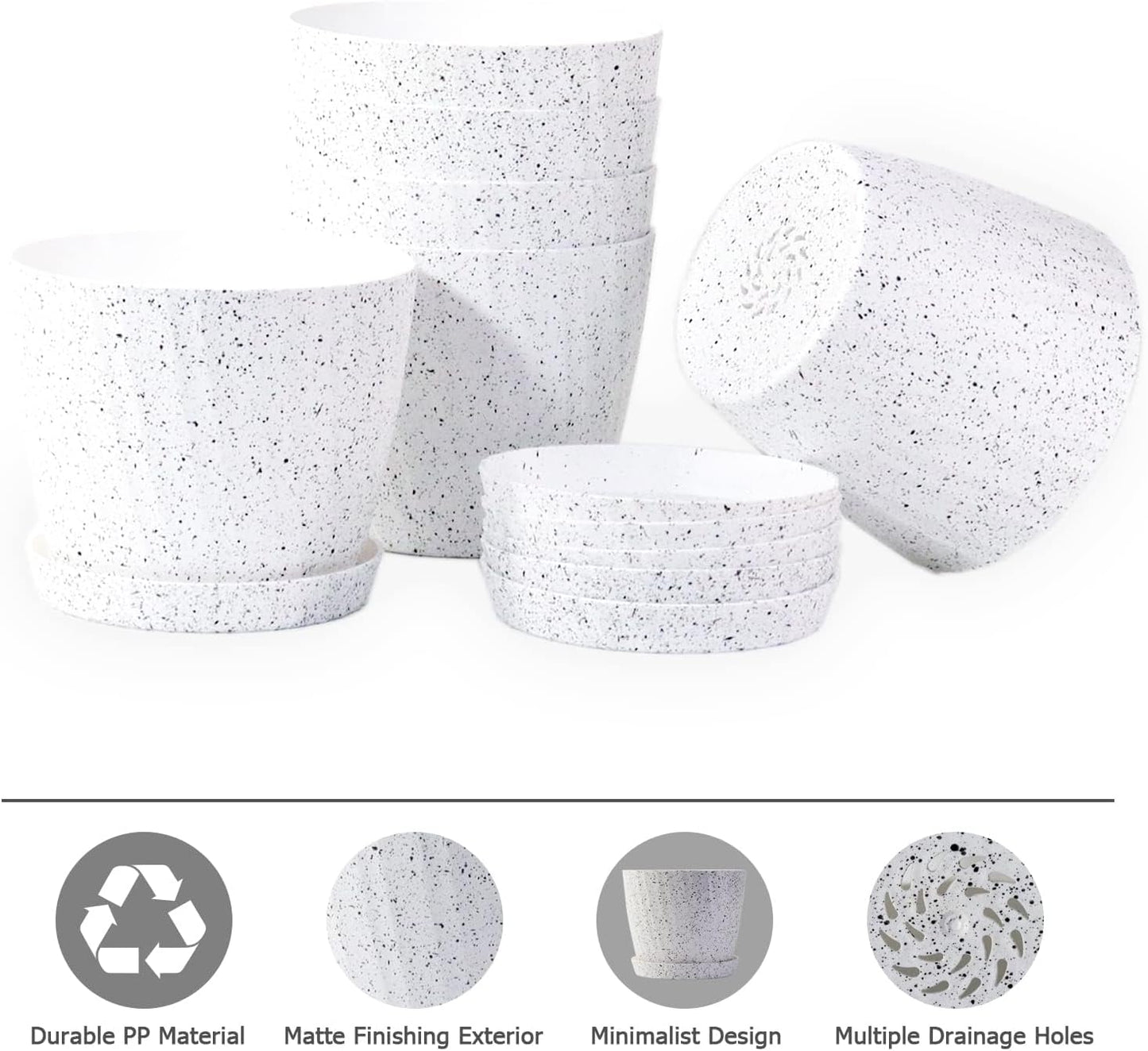 7 Inch Plant Pots Bulk, 6 Pack Plastic Planters with Drainage Holes and Saucers for Indoor Outdoor House Plants and Flowers, White Speckles