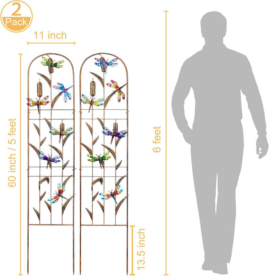 LEWIS&WAYNE 2 Pack Metal Garden Trellis with Colorful Dragonfly 60 Inch High Outdoor Decoration Arched Fence Trellis for Climbing Plants for Patio, Lawn, Yard, Backyard, Wall Brackets