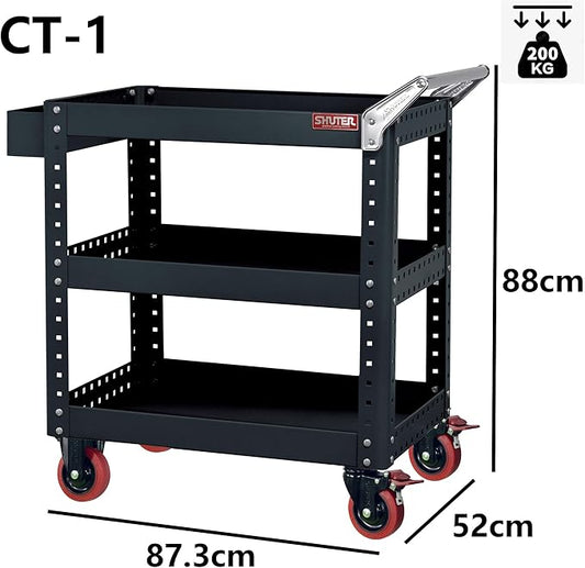 SHUTER Heavy-Duty Tool Cart with Wheels, 3-Tier Rolling Tool Wagon with Handle and Tool Holder, 440 lb Capacity – CT-1, Black