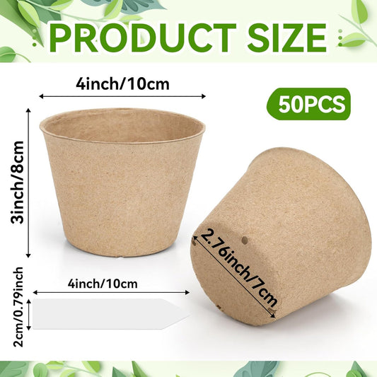 Augshy 4 Inch Peat Pots, 50 Pack Seed Starter Nursery Pots Round Plant Seedling with Drainage Holes for Garden Nursery Kits Seedlings Seed Starting Tray with 50 Plant Labels
