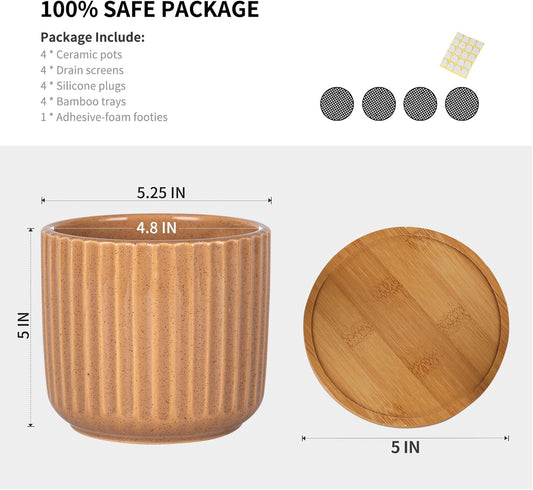 TAMAYKIM 5.25 Inch Ceramic Plant Pots with Drainage Holes and Saucers, Modern Flower Pots with Trays for Indoor Planters, Snake Plant, Succulent, Cactus and Herbs, Red, Set of 4