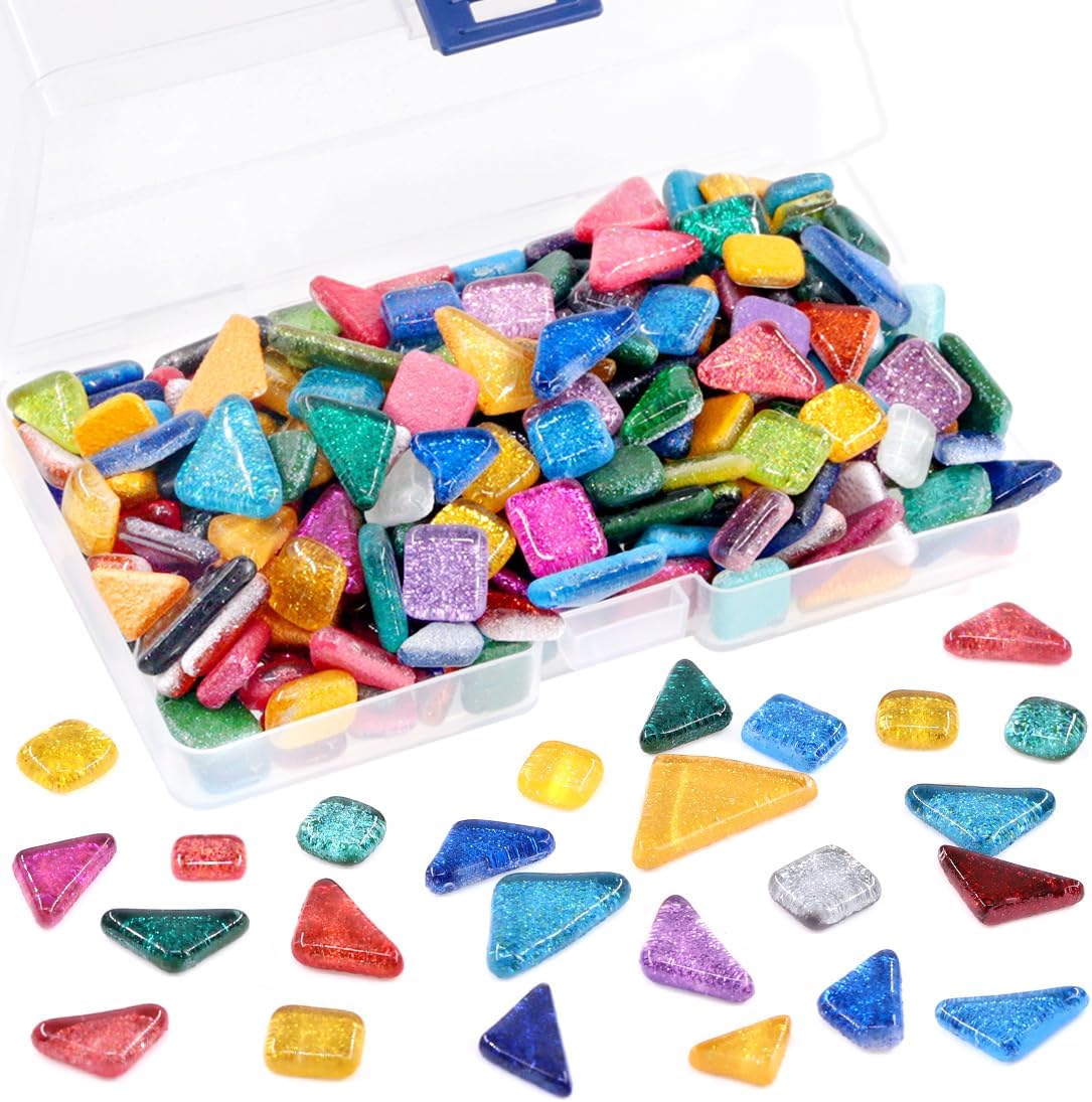 Swpeet 1 Pound Mixed Colors Shine Crystal Series Mosaic Tiles Assortment Kit, Square and Triangle Genuine Mosaic Tiles Glitter Crystal Mosaic Perfect for Home Decoration Crafts - Mosaic Tiles C