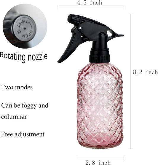 Glass Handheld Spray Bottle - 12oz Refillable Bottle ,Adjustable Nozzle Watering Can for Garden Plants Cleaning Solutions (Pink)