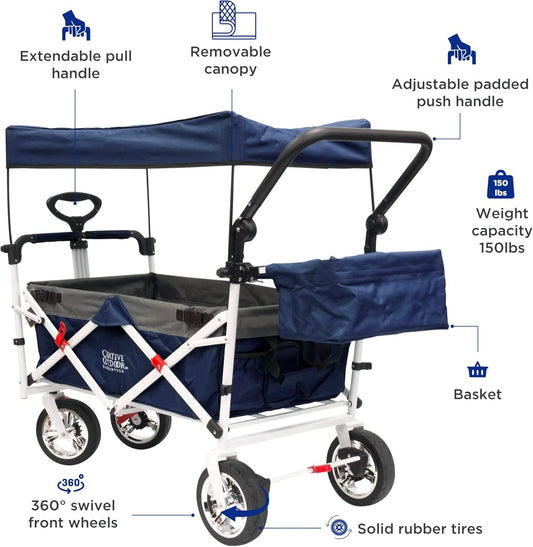 Creative Outdoor Wagon for Kids Push Pull Collapsible Stroller Folding Cart | Silver Series | Beach Park Garden & Tailgate | Navy Blue