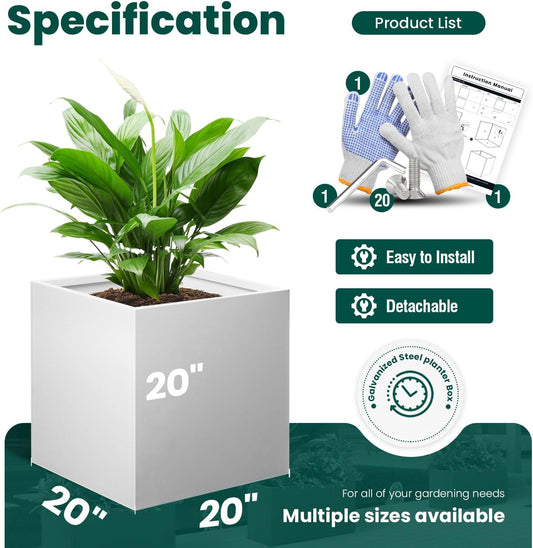 White Outdoor Planter Square Steel Planters Galvanized Steel Planter Box Indoor Metal Large Planters Cube Heavy Duty Flower Pot 20 Inch Modern Commercial Residential for Trees Patio Deck Yard Garden